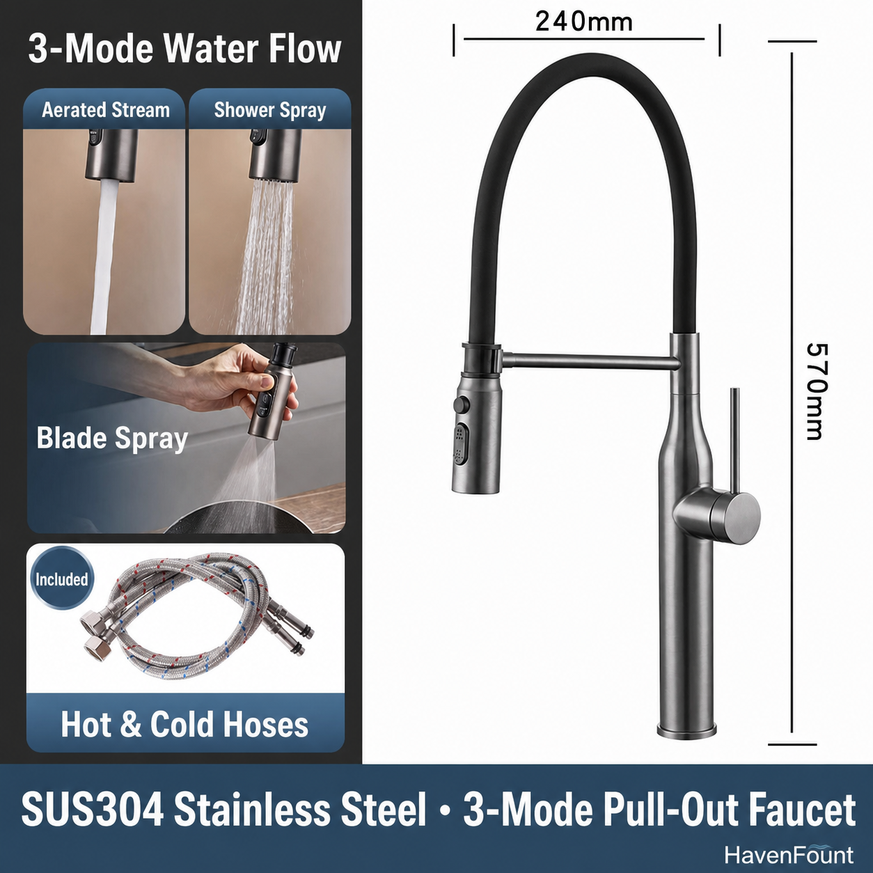 HavenFount Pull-Out Magnetic Kitchen Faucet with Dual-Function Spray