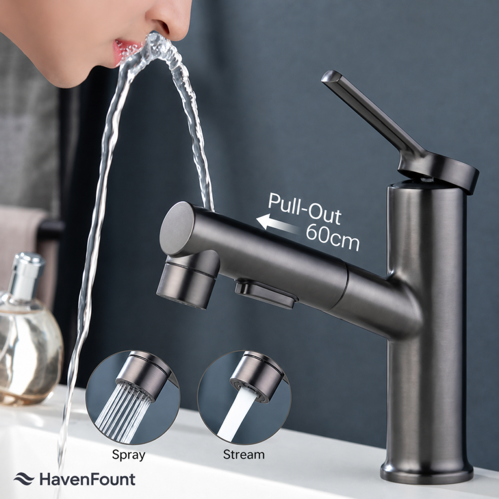 HavenFount Brass Gunmetal Pull-Out Bathroom Basin Faucet | HF-0074