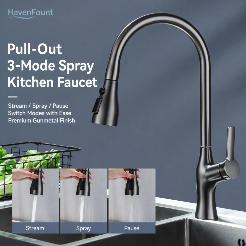HavenFount Brass Gunmetal Pull-Out Kitchen Faucet | HF-0174